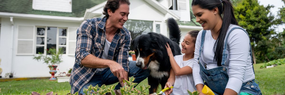 Family at home in yard